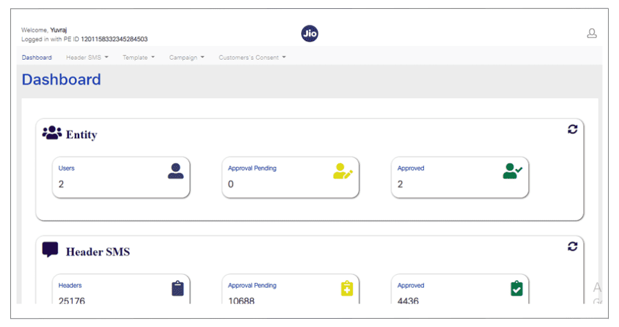 dashboard page Jio DLT